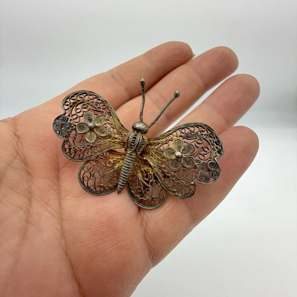Antique Silver Filigree Butterfly Brooch Pin From Estate Read